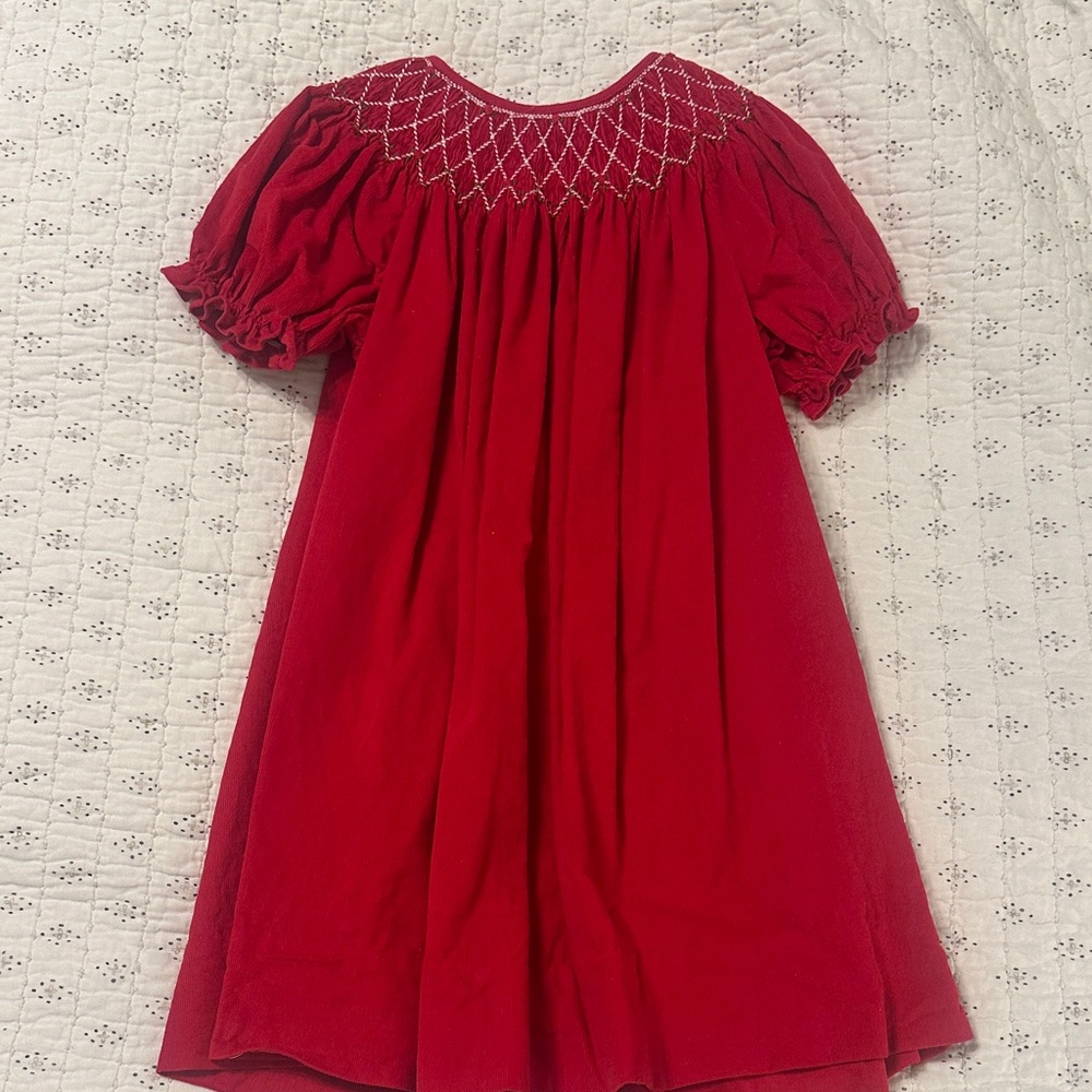 Red Smocked Short Sleeve Girls Dress